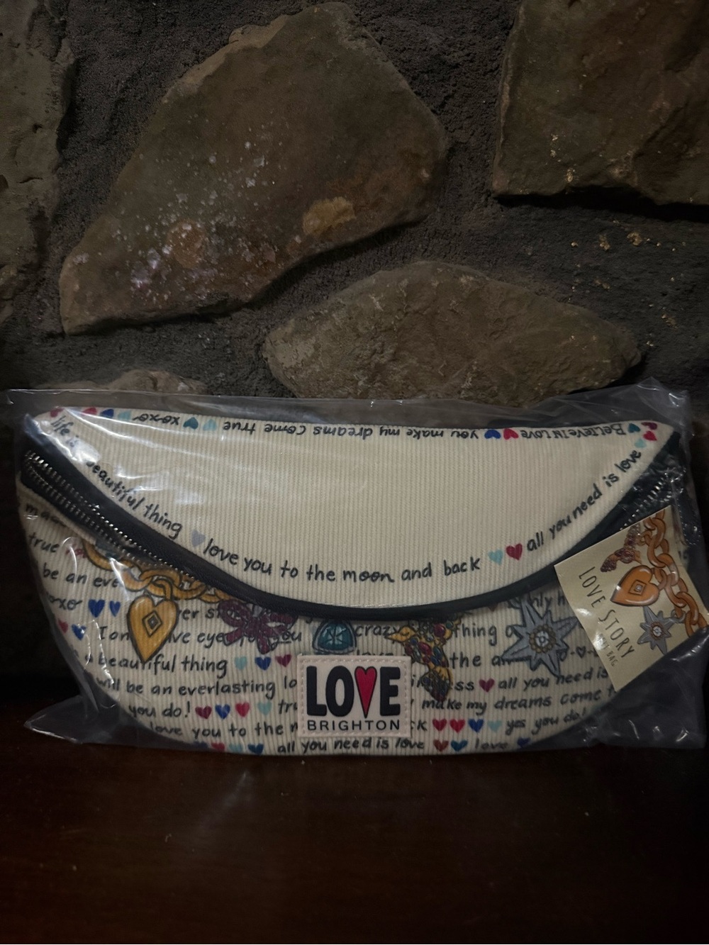 Brighton Cream 'Love Story' Belt Bag with Multicolor Heart Print
